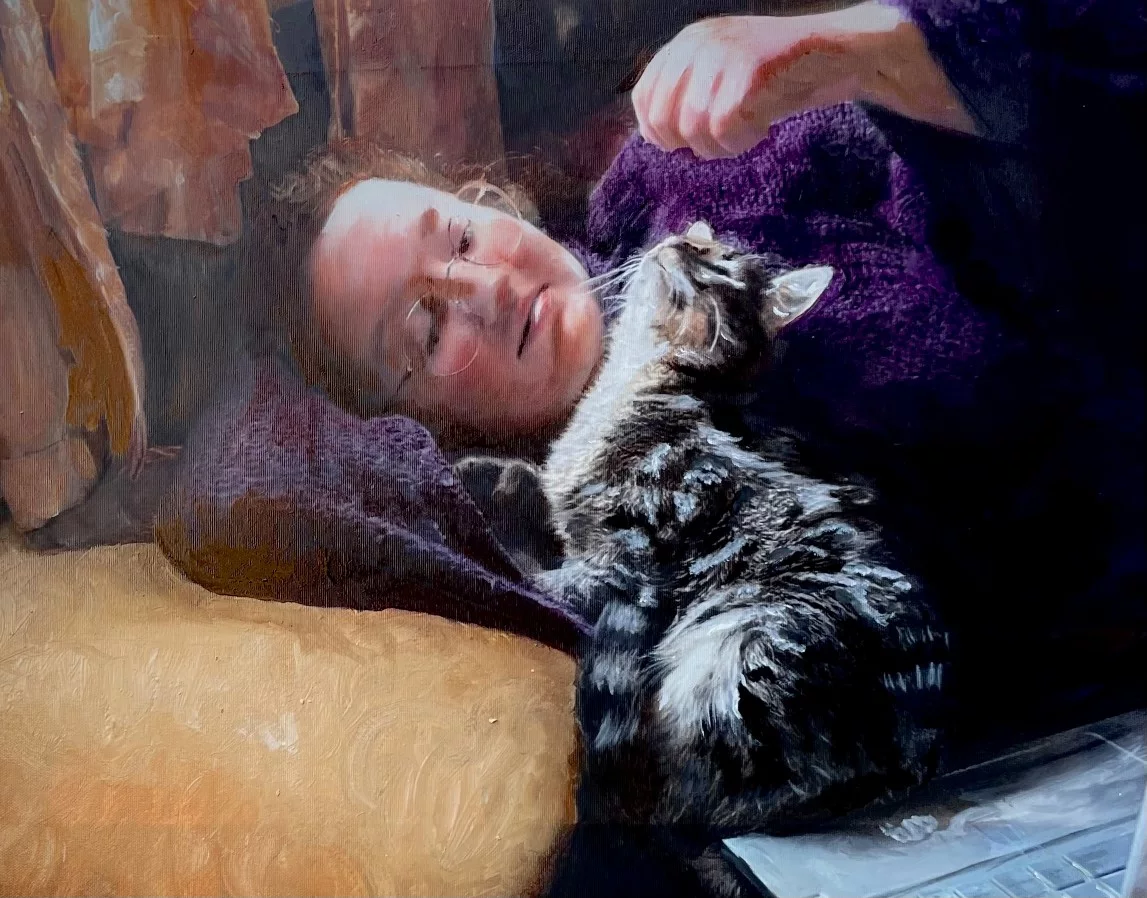Girl Playing with Cat, artwork by Rayne Ethetton
